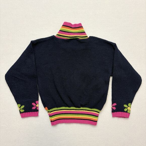 VTG 80s Heartworks Navy 3D Shaggy Dog Sweater Knit Collared Flowers Size 7/8 - Picture 3 of 10